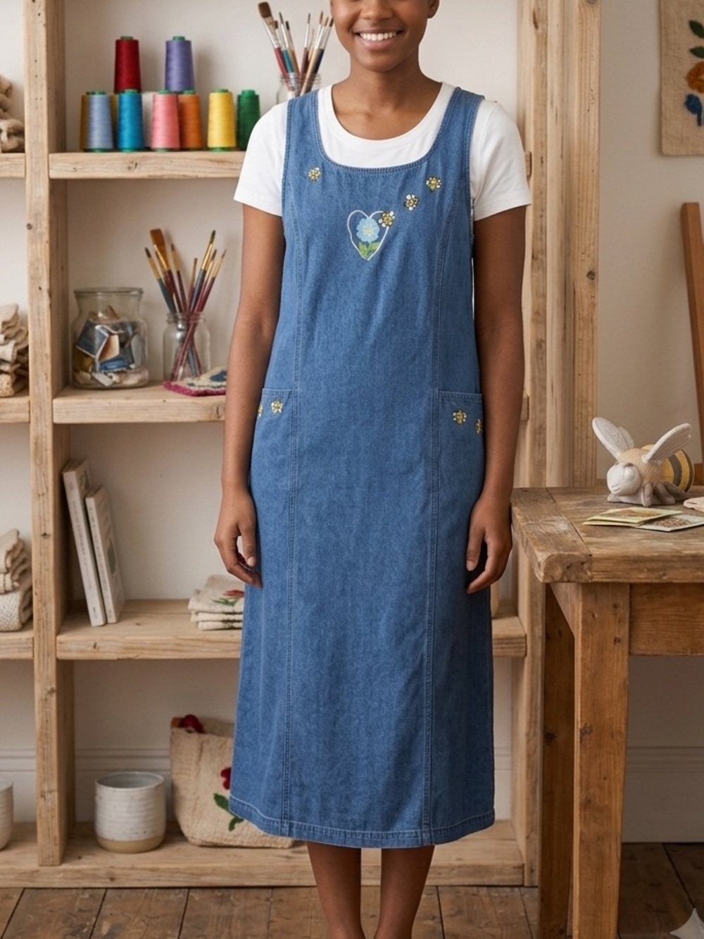 BlueJ VTG‎ 90s Teachercore Cottagecore  Pinafore Dress w/Painted Bee SzS